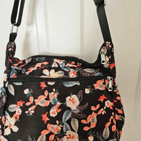 Black nylon w/ floral design shoulder bag w/ multiple pockets/compartments. - Picture 2 of 7